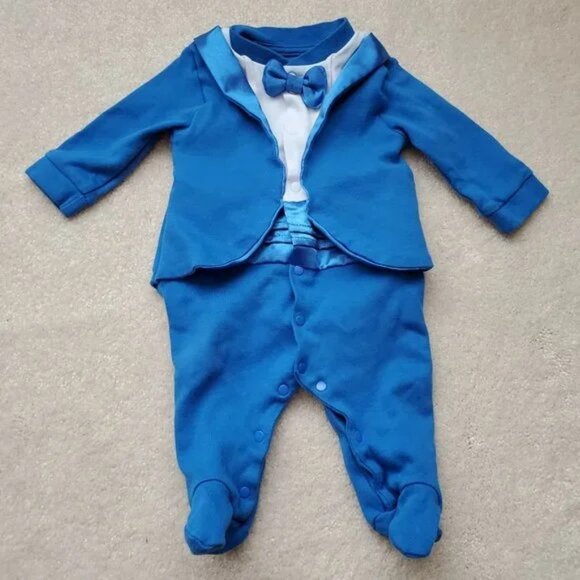 Baby Boy Blue Gentleman Tuxedo Footie Outfit with Bow Tie SZ NB - Picture 9 of 10